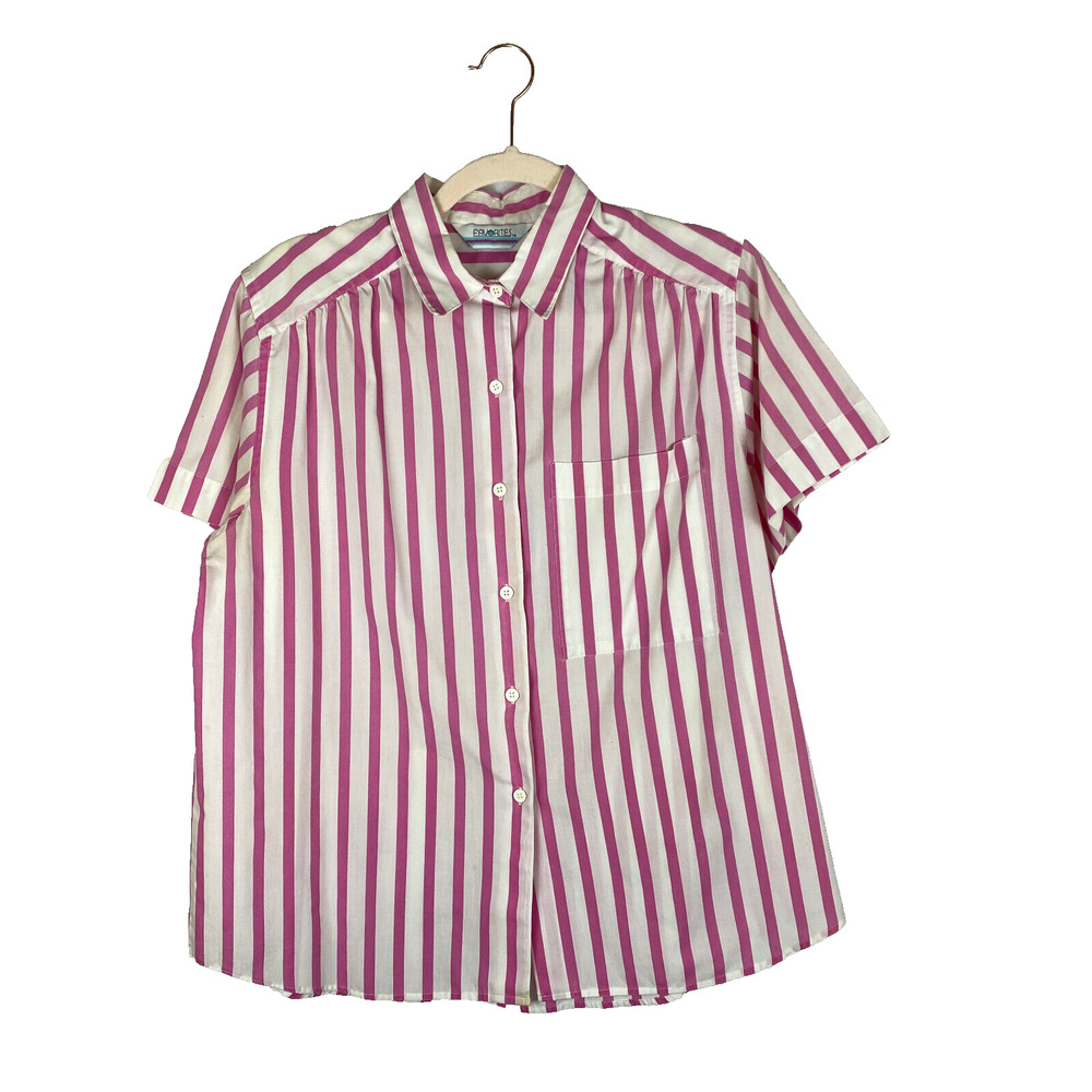 Vtg 80s Button Top Sz L Favorites Short Sleeve Striped White Pink 90s Boxy Fit